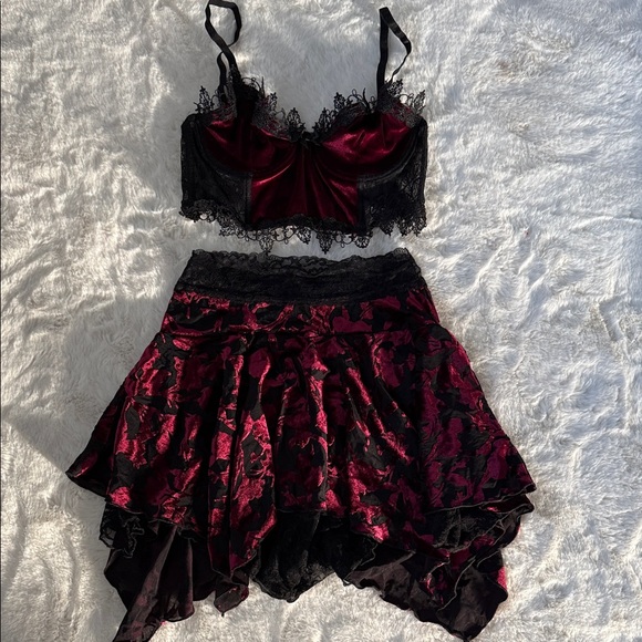 Dolls Kill Other - Widow by Dolls Kill Burgundy Black Lace Corset Top Skirt Set Romantic Coquette S